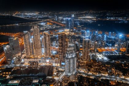 an aerial view of Dubai city at night
